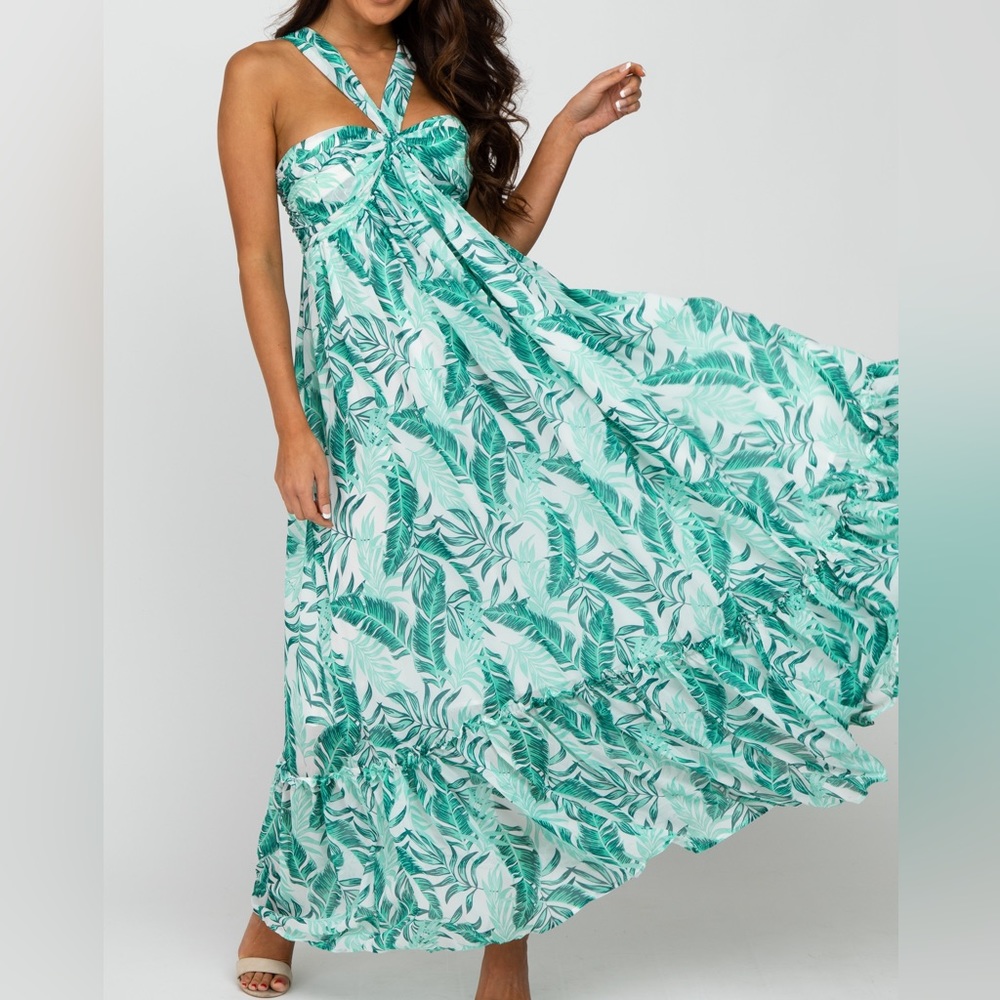Petal Roz Green Palm Print Halter Neck Maxi Dress